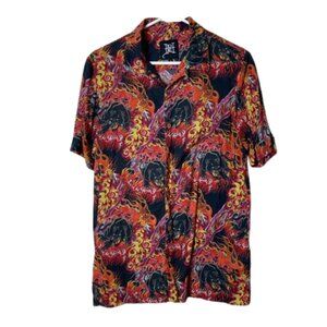 Ed hardy flames black panther printed camp short sleeve shirt mens S